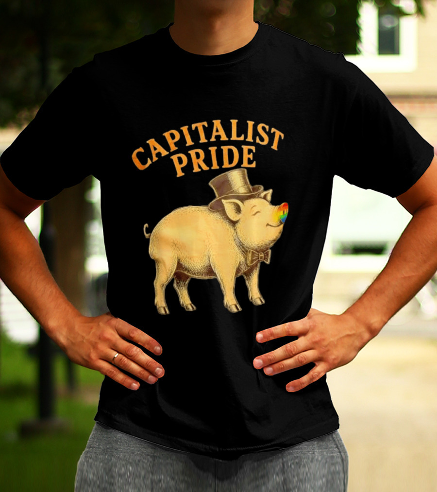 Capitalist Pride Pig With Rainbow Nose And Top Hat Bow Tie T-Shirt