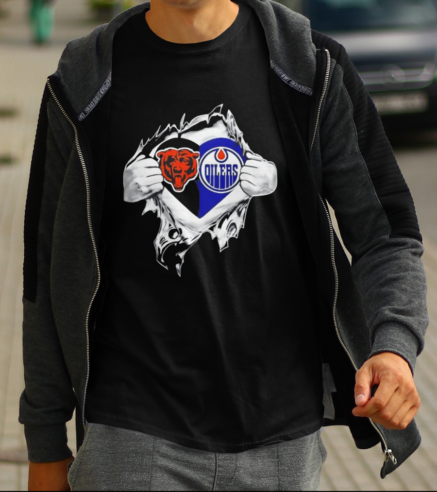 Chicago Bears And Edmonton Oilers Logo Heart Tear T-Shirt