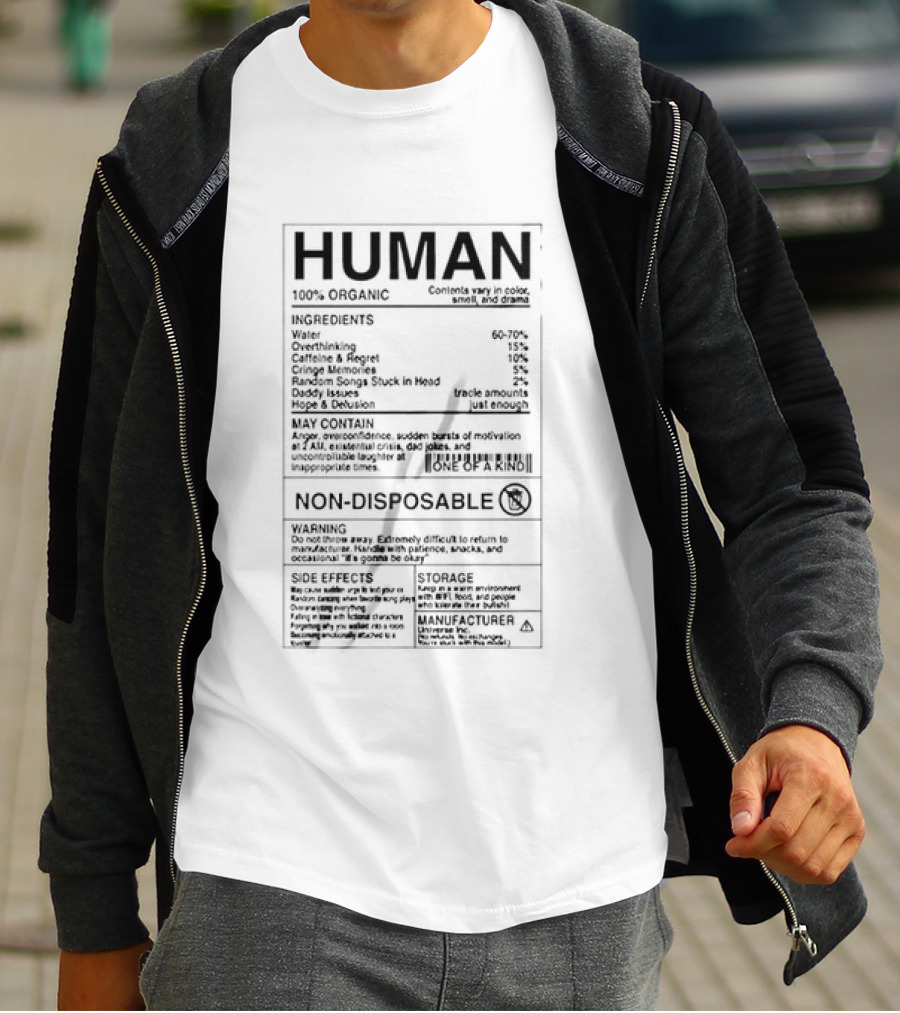 Human Nutrition Facts Ingredients Water Overthinking Caffeine Regret Non Disposable Sticker T-Shirt