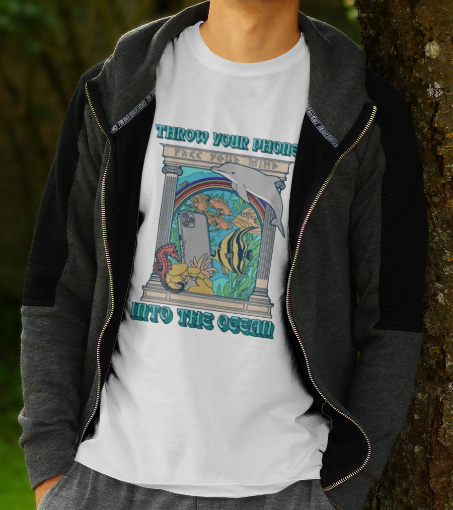 Throw Your Phone Free Your Mind Into The Ocean Dolphin Fish Rainbow Sea Life Scene T-Shirt