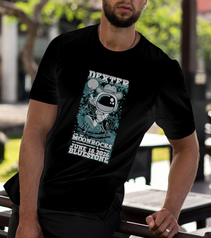 Dexter And The Moonrocks June 18 2026 Bluestone Astronaut Cowboy Riding Horse With Cigarettes Sunset And High Noon T-Shirt