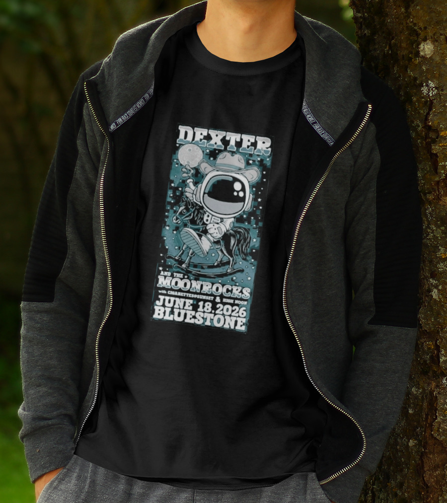 Dexter And The Moonrocks June 18 2026 Bluestone Astronaut Cowboy Riding Horse With Cigarettes Sunset And High Noon T-Shirt
