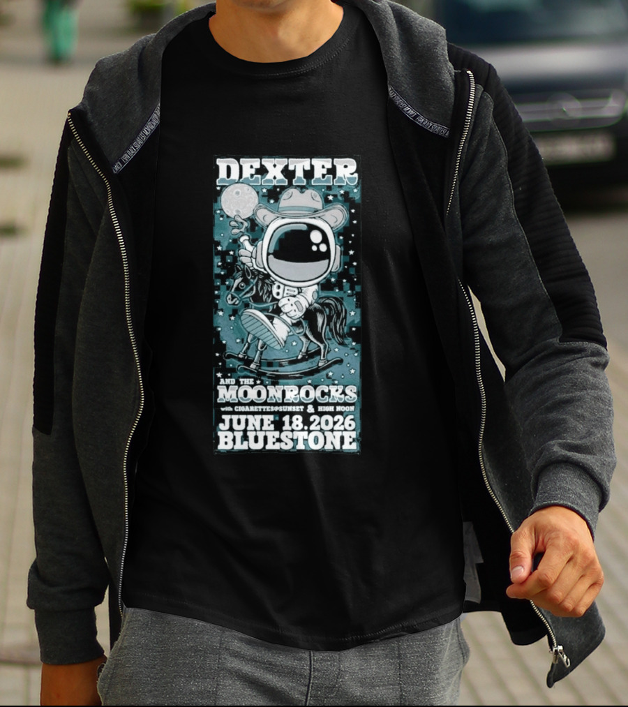 Dexter And The Moonrocks June 18 2026 Bluestone Astronaut Cowboy Riding Horse With Cigarettes Sunset And High Noon T-Shirt