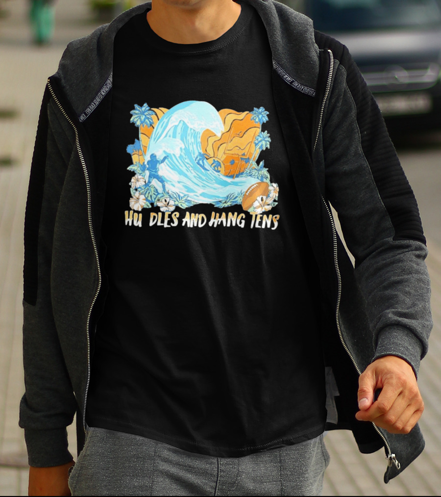 Los Angeles Chargers Tommy Bahama Huddle And Hang Tens Tropical Wave Football Scene T-Shirt