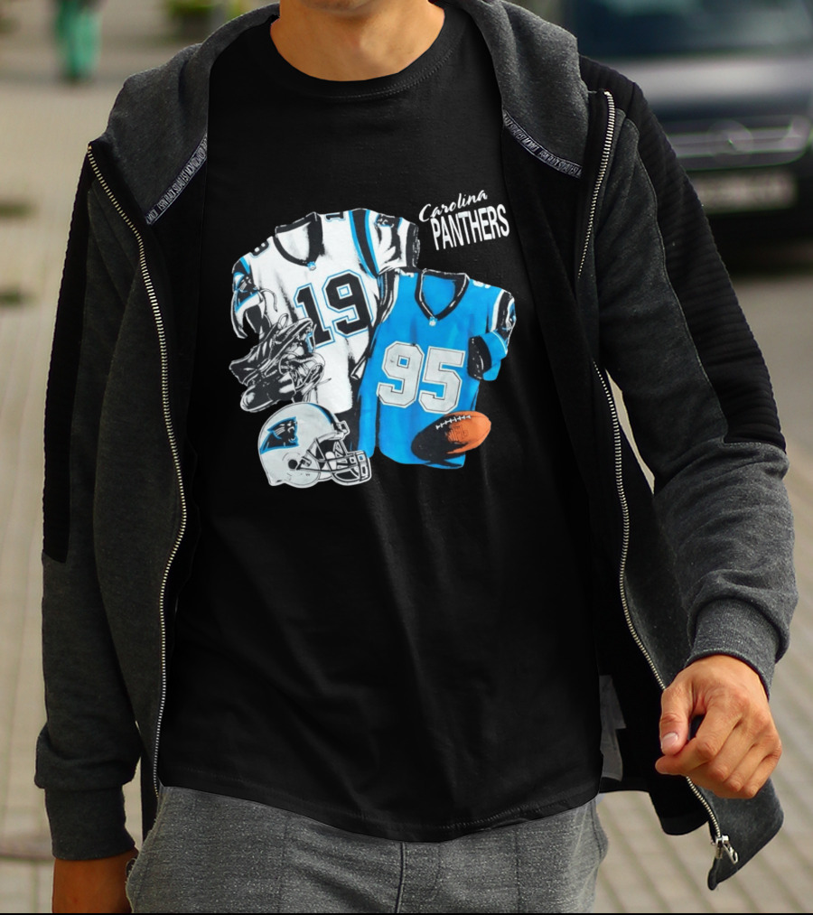 Carolina Panthers 19 95 Jerseys And Helmet With Football T-Shirt
