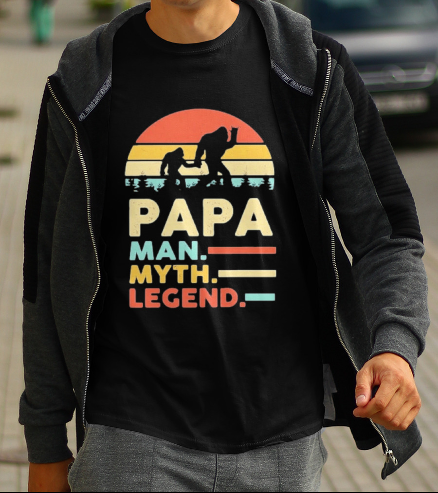 Papa Man Myth Legend Bigfoot Retro Sunset T-Shirt