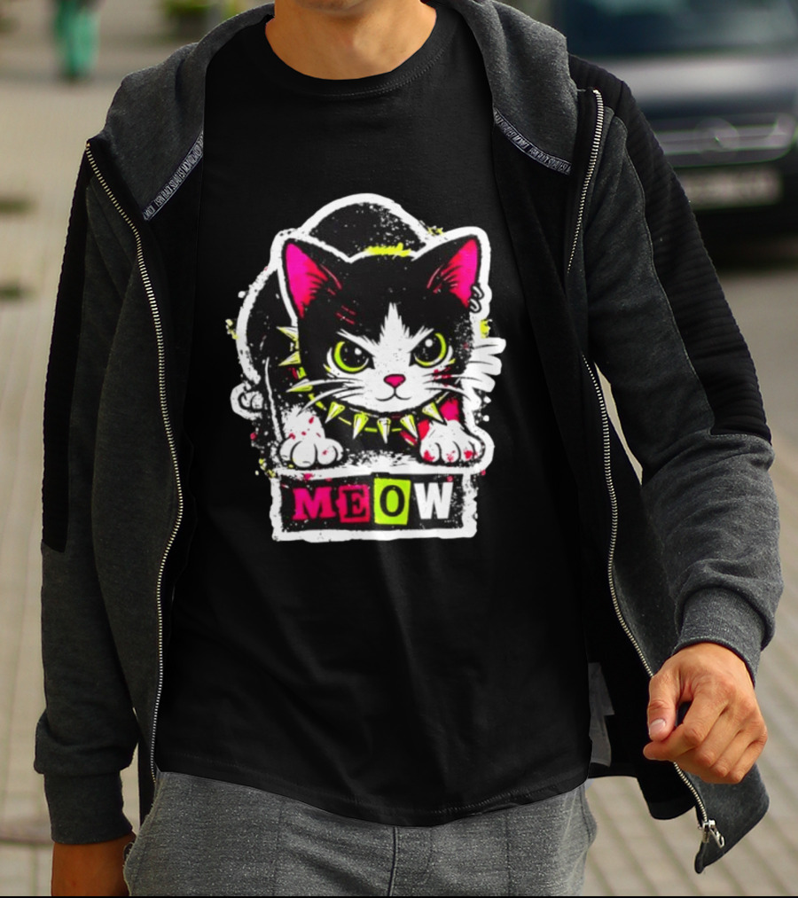 Punk Rock Cat Studded Collar Meow For Music Fans And Cat Lovers T-Shirt