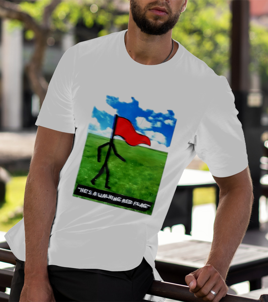 Stick Figure With Red Flag Walking In Field With Blue Sky T-Shirt