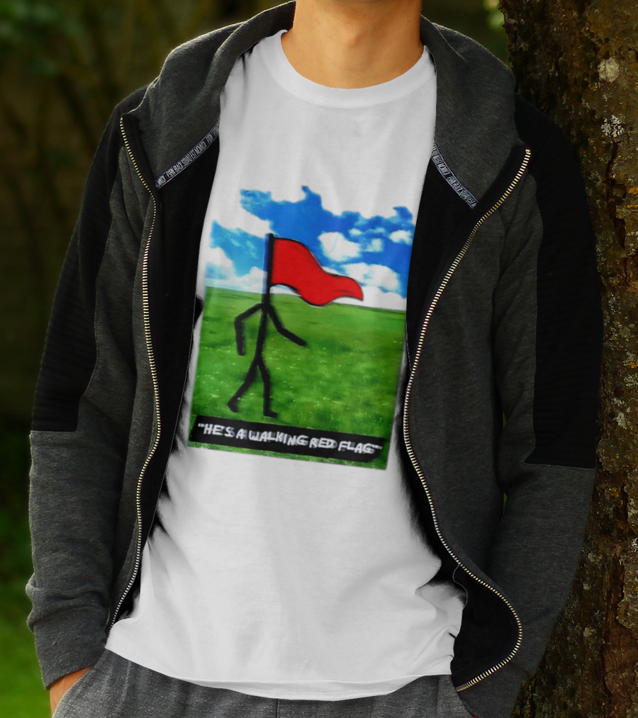Stick Figure With Red Flag Walking In Field With Blue Sky T-Shirt