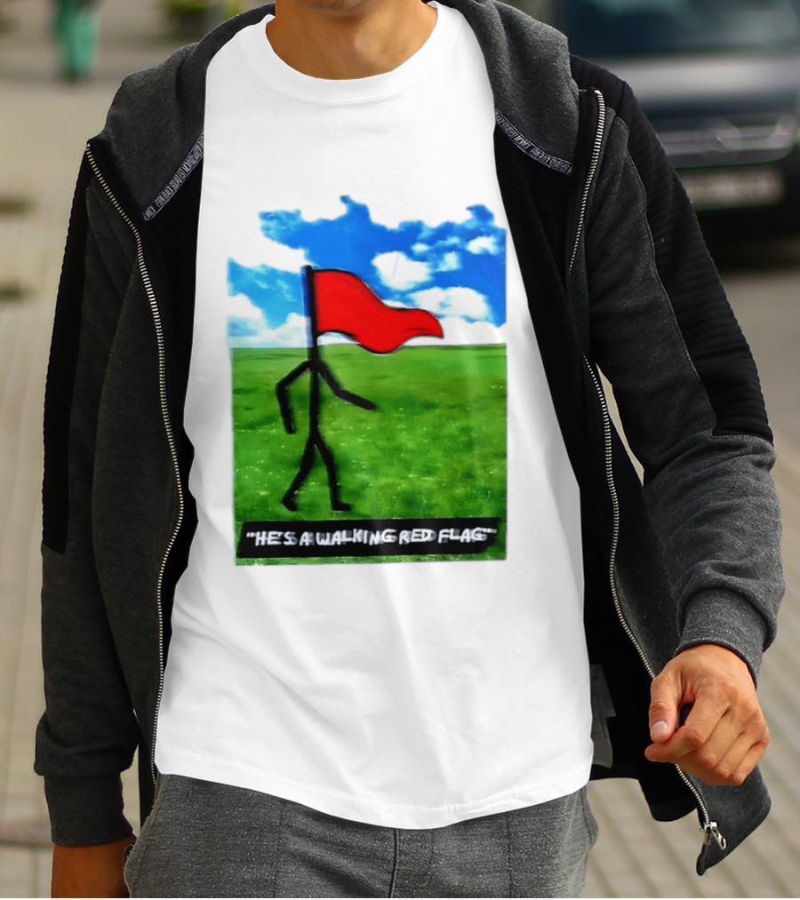 Stick Figure With Red Flag Walking In Field With Blue Sky T-Shirt