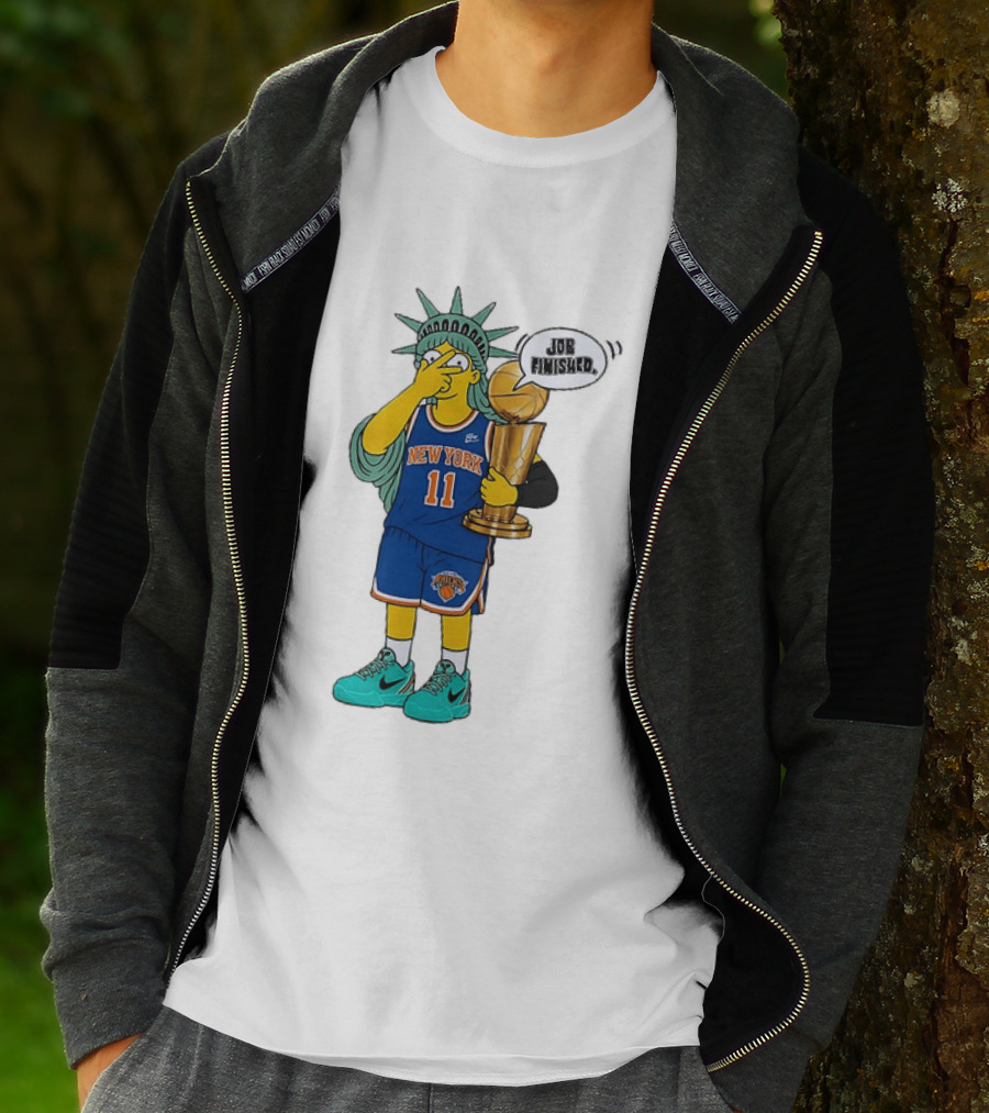 Statue Of Liberty Simpsons Jalen Brunson Hug Trophy New York Knicks Job Finished 2026 NBA Championship T-Shirt