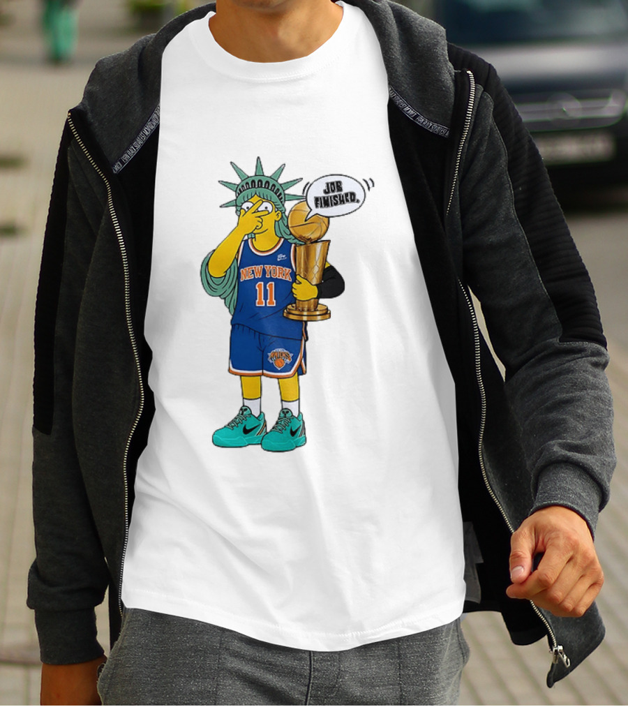 Statue Of Liberty Simpsons Jalen Brunson Hug Trophy New York Knicks Job Finished 2026 NBA Championship T-Shirt