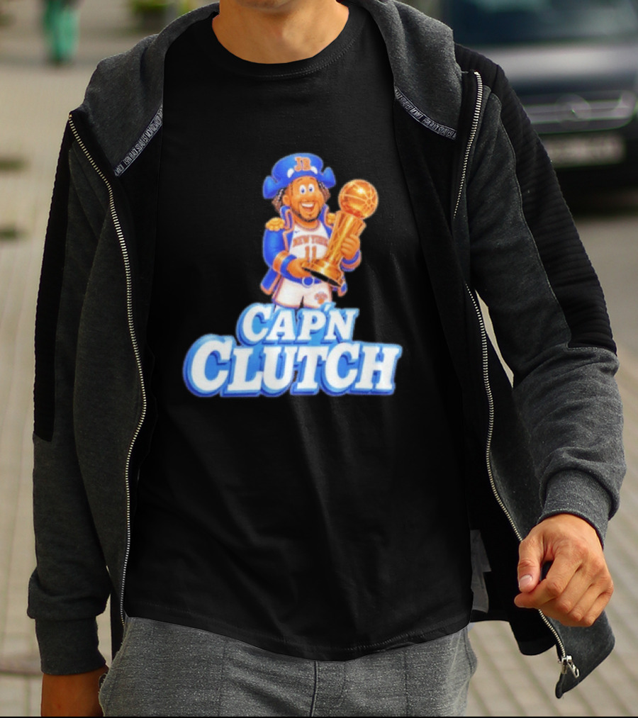 Cap'n Clutch Jalen Brunson New York Knicks Trophy Celebration T-Shirt