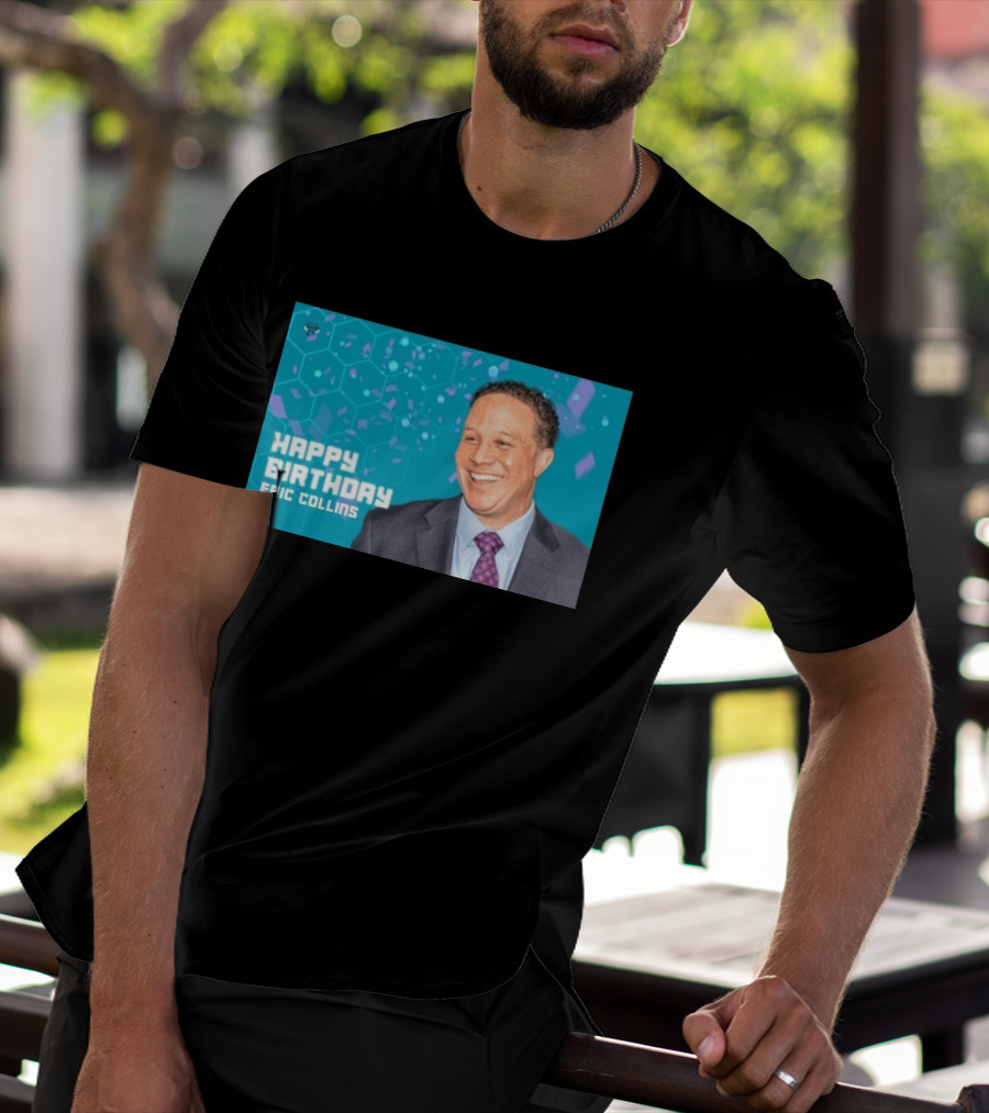 Happy 57th Birthday Eric Collins Celebration With Smiling Man And Turquoise Hexagonal T-Shirt