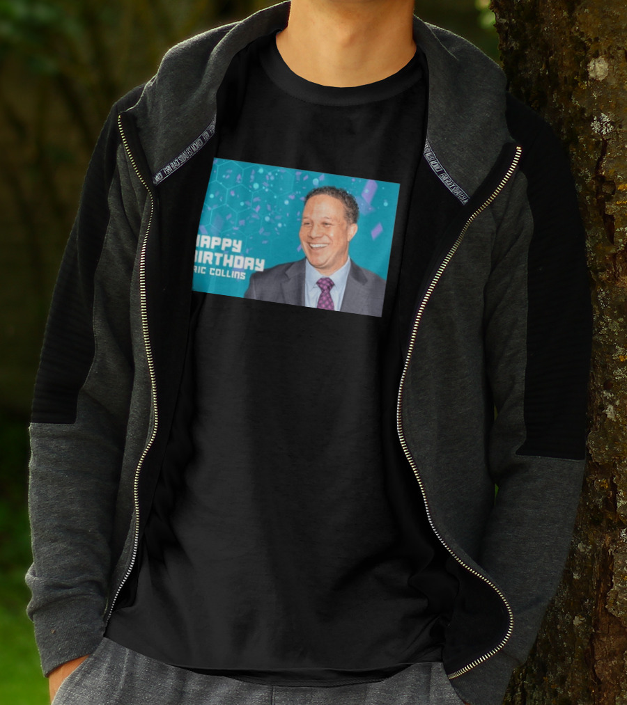 Happy 57th Birthday Eric Collins Celebration With Smiling Man And Turquoise Hexagonal T-Shirt