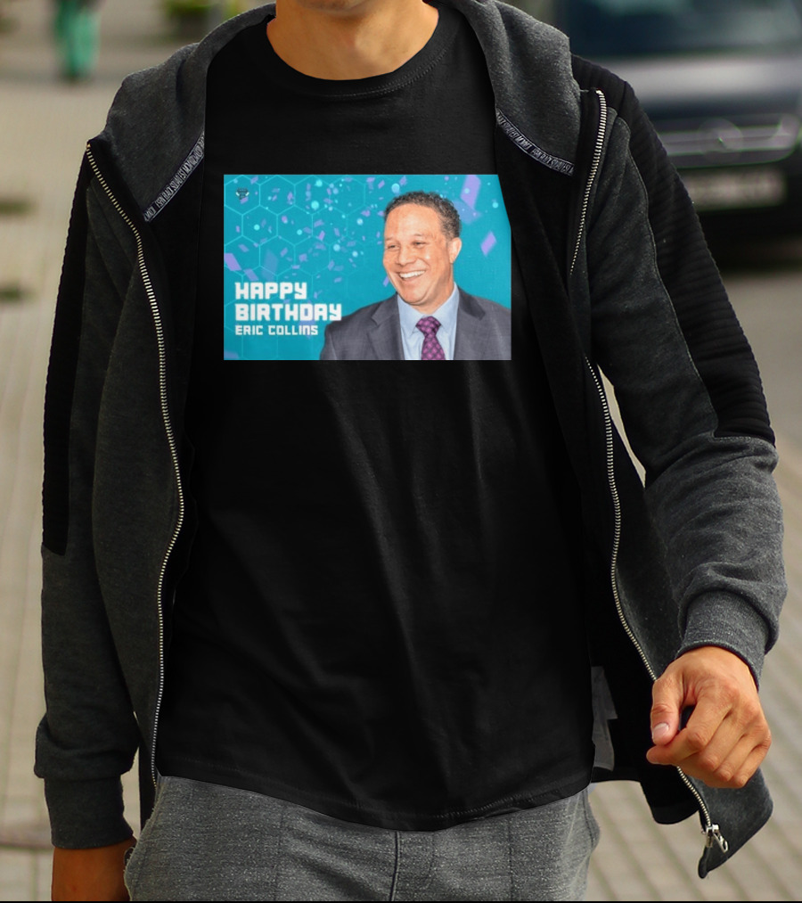 Happy 57th Birthday Eric Collins Celebration With Smiling Man And Turquoise Hexagonal T-Shirt