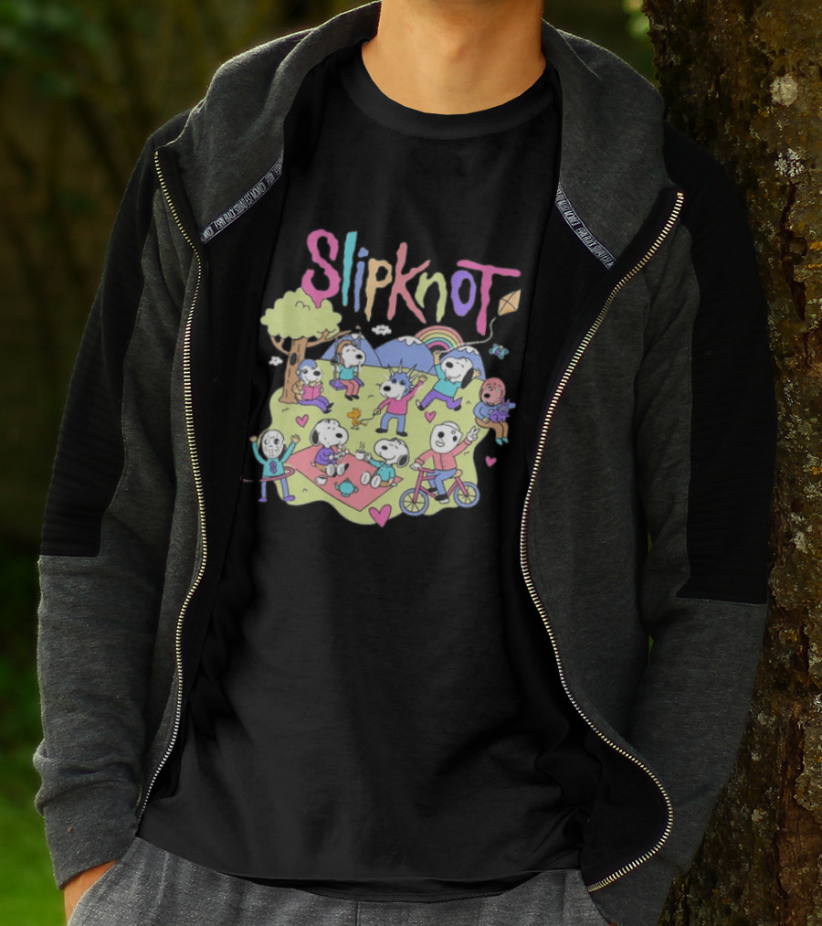 Snoopy Peanuts Characters Playing In Park With Slipknot T-Shirt