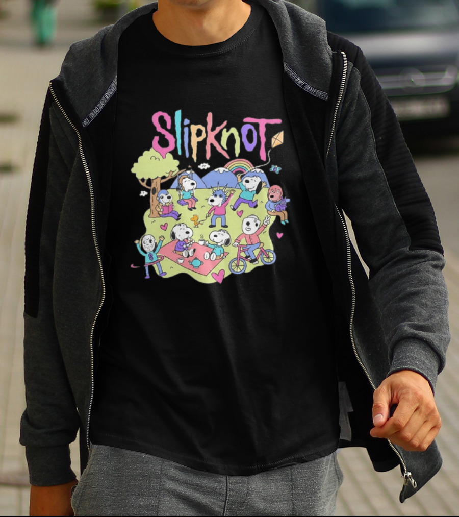 Snoopy Peanuts Characters Playing In Park With Slipknot T-Shirt