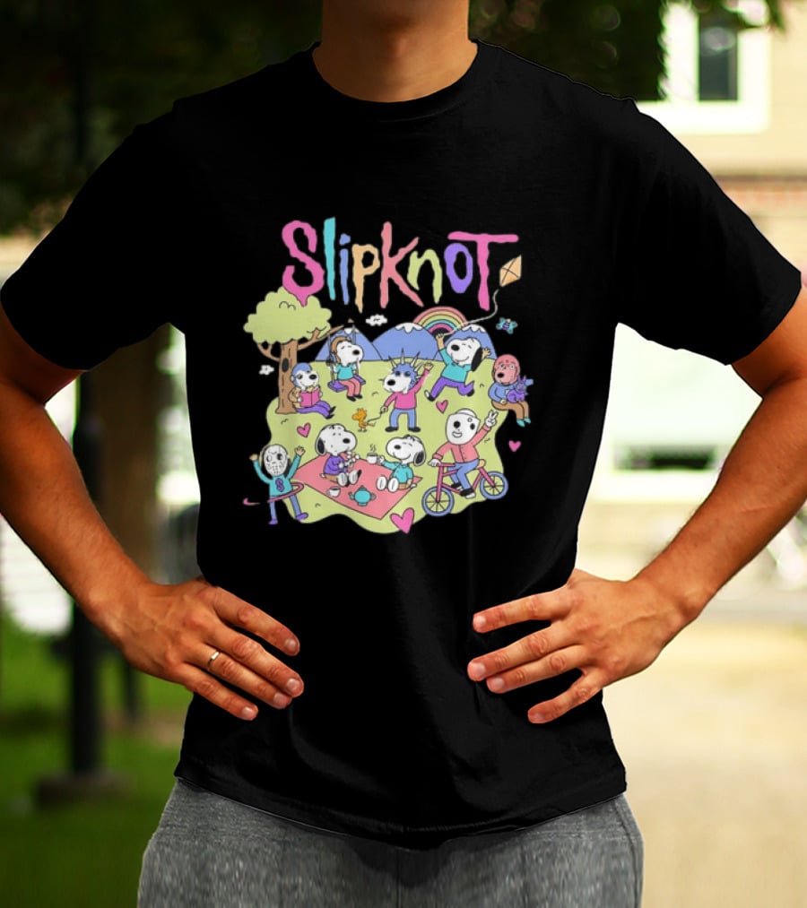 Snoopy Peanuts Characters Playing In Park With Slipknot T-Shirt