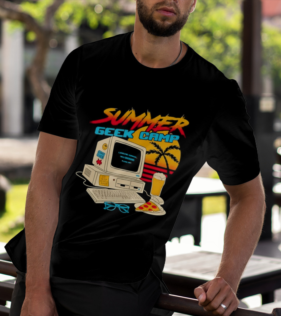 Summer Geek Camp Retro Computer Pizza And Palm Vibes T-Shirt