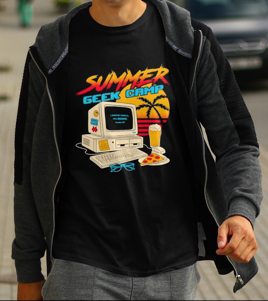 Summer Geek Camp Retro Computer Pizza And Palm Vibes T-Shirt