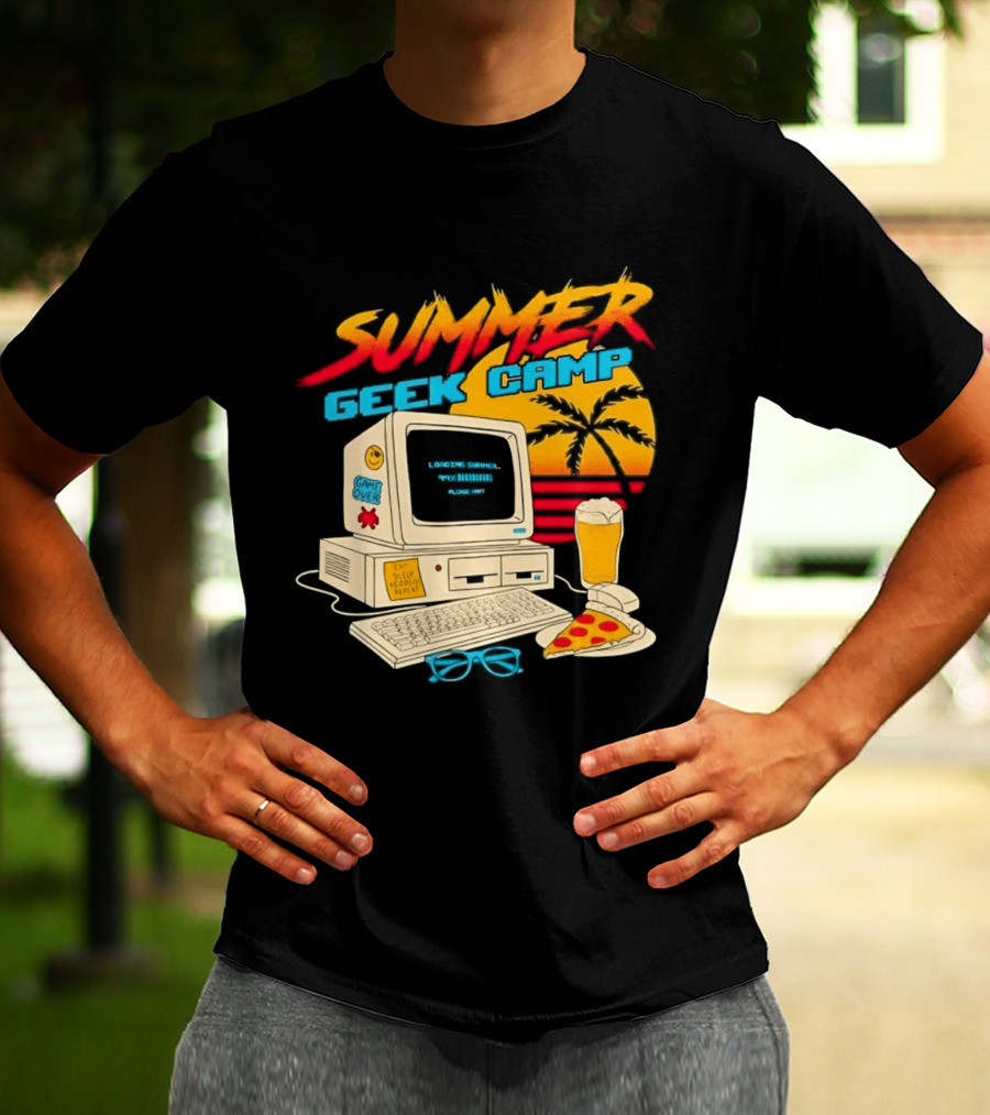 Summer Geek Camp Retro Computer Pizza And Palm Vibes T-Shirt