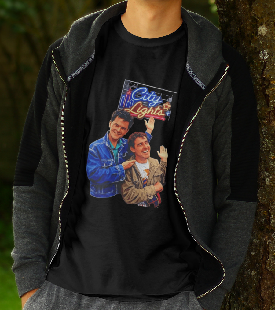 Two Men Smiling And Waving City Lights Neon Sign T-Shirt