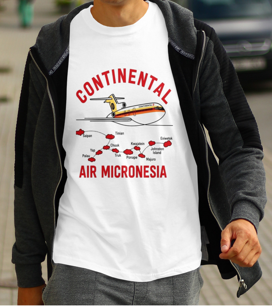 Continental Air Micronesia Boeing 727 Route Map Saipan Palau Truk Majuro Kwajalein T-Shirt