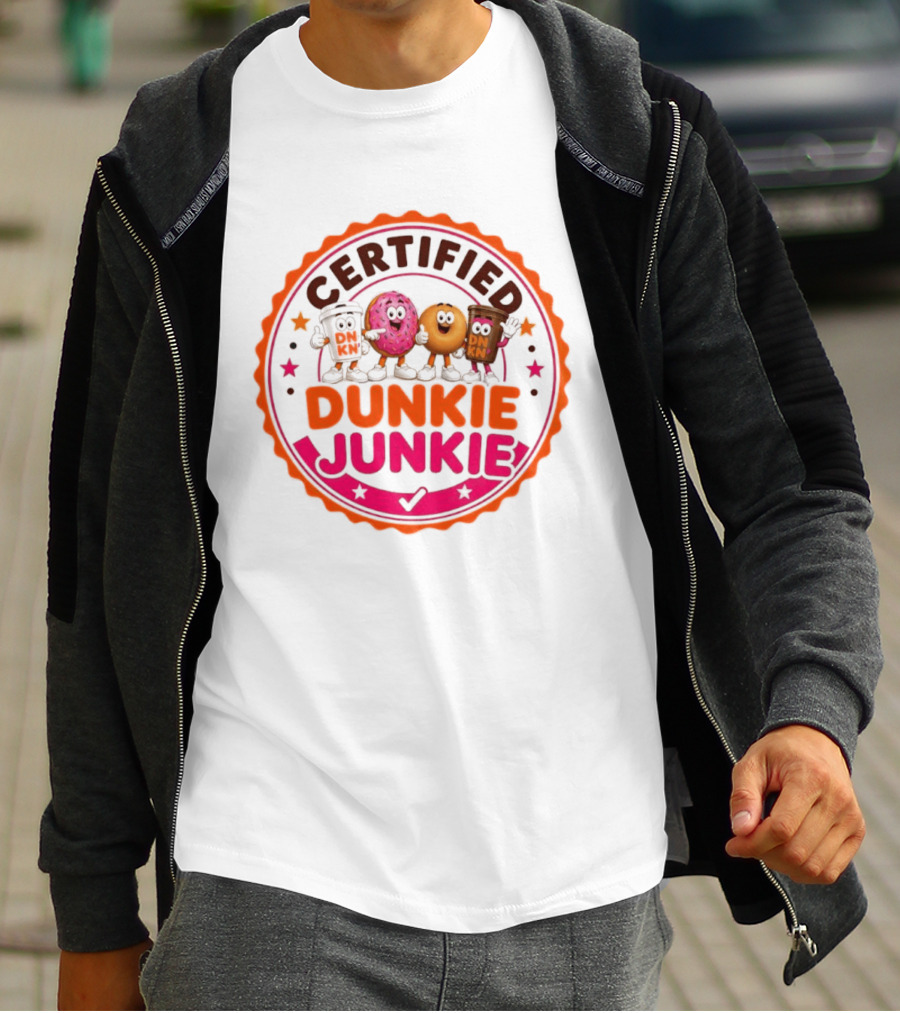 Certified Dunkie Junkie Characters Badge Coffee Donut Fun T-Shirt