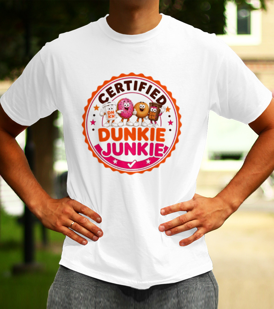 Certified Dunkie Junkie Characters Badge Coffee Donut Fun T-Shirt