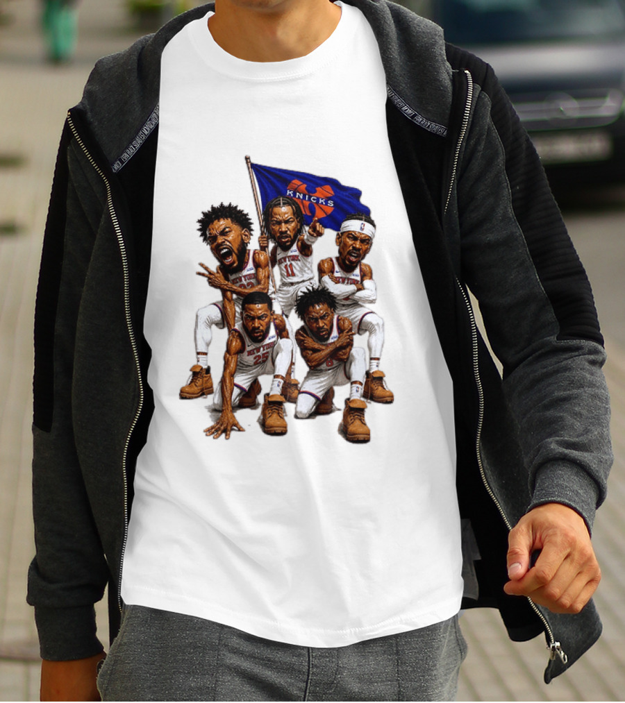 New York Knicks Jalen Brunson NBA Players Holding Team Flag Celebration T-Shirt