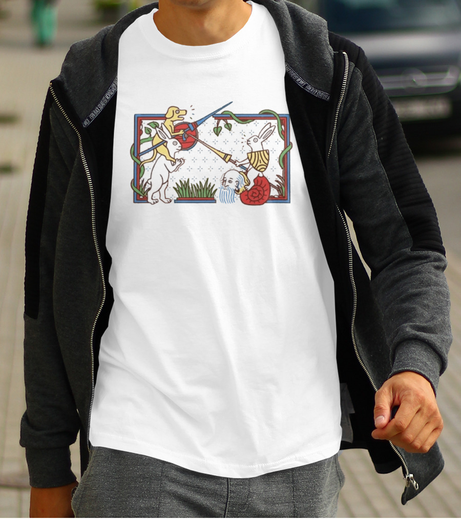 Medieval Dog And Rabbit Jousting Battle Scene With Snail And Sword T-Shirt