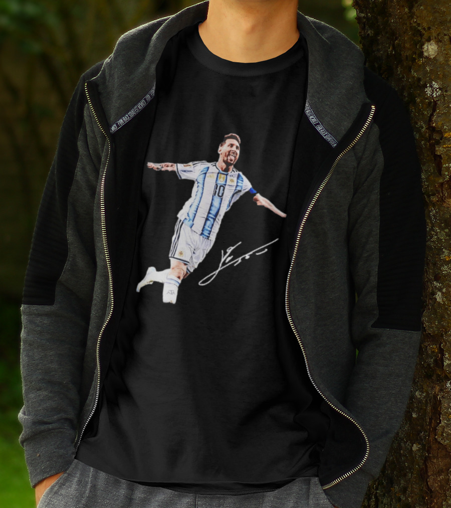 Lionel Messi 10 Argentina Jersey Signature Soccer Legend Celebration T-Shirt
