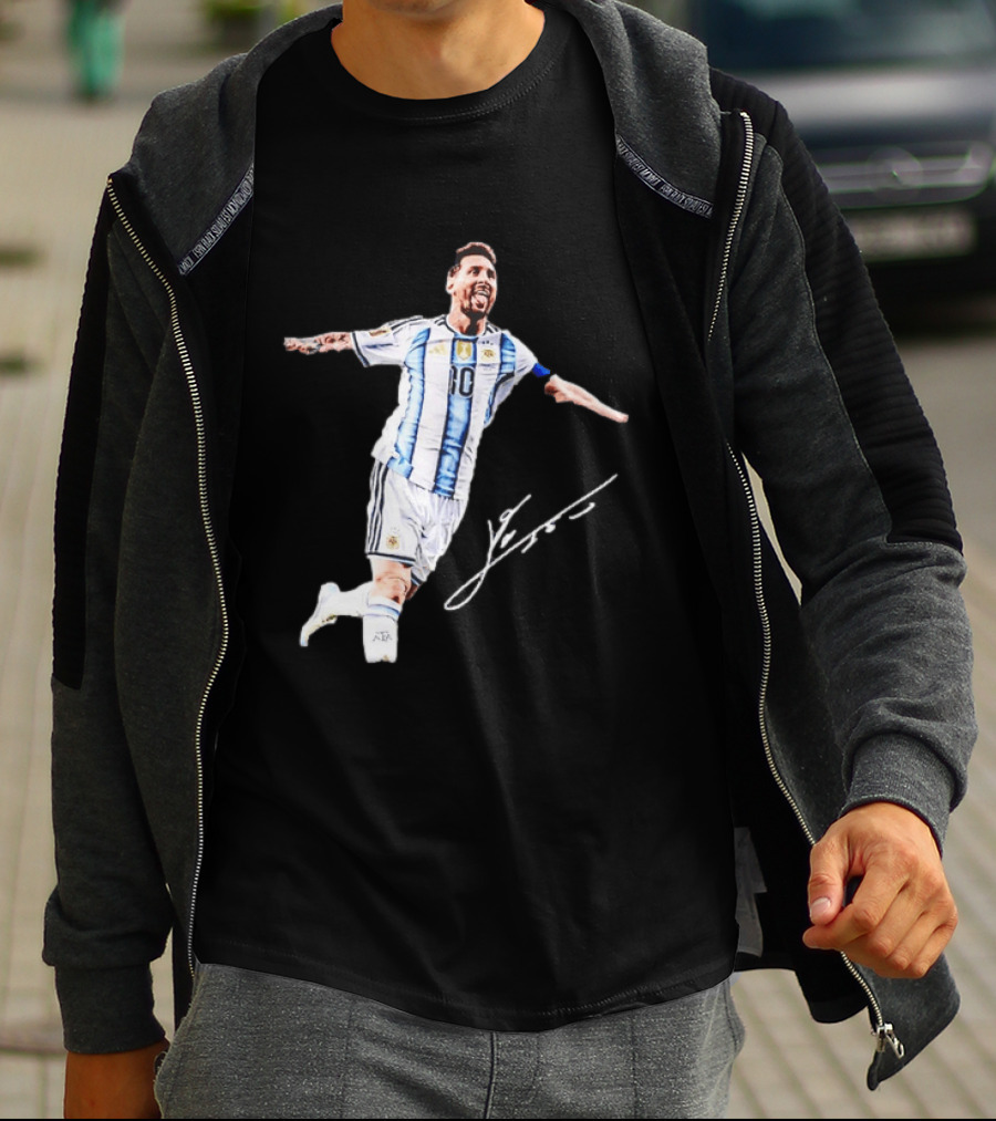 Lionel Messi 10 Argentina Jersey Signature Soccer Legend Celebration T-Shirt