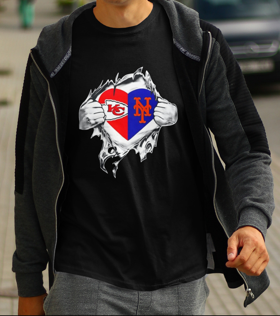 Kansas City Chiefs New York Mets Heart Torn Chest Combo T-Shirt