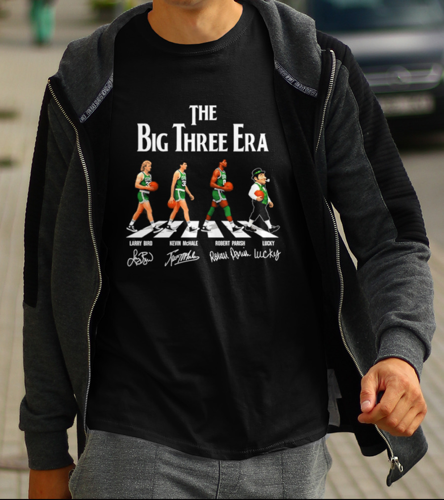 The Big Three Era Larry Bird Kevin McHale Robert Parish Lucky Walking Signatures T-Shirt