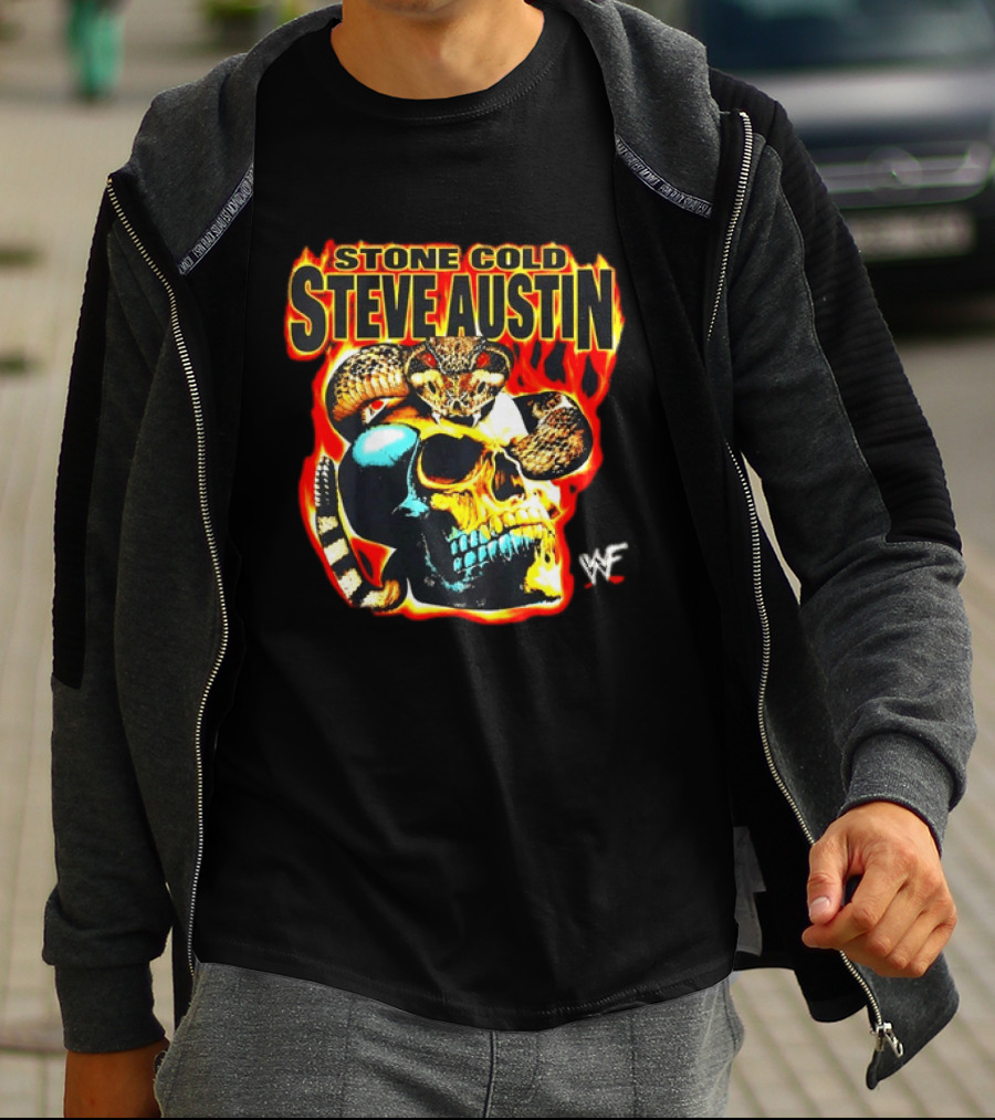 Stone Cold Steve Austin Flaming Skull Snake WWF T-Shirt