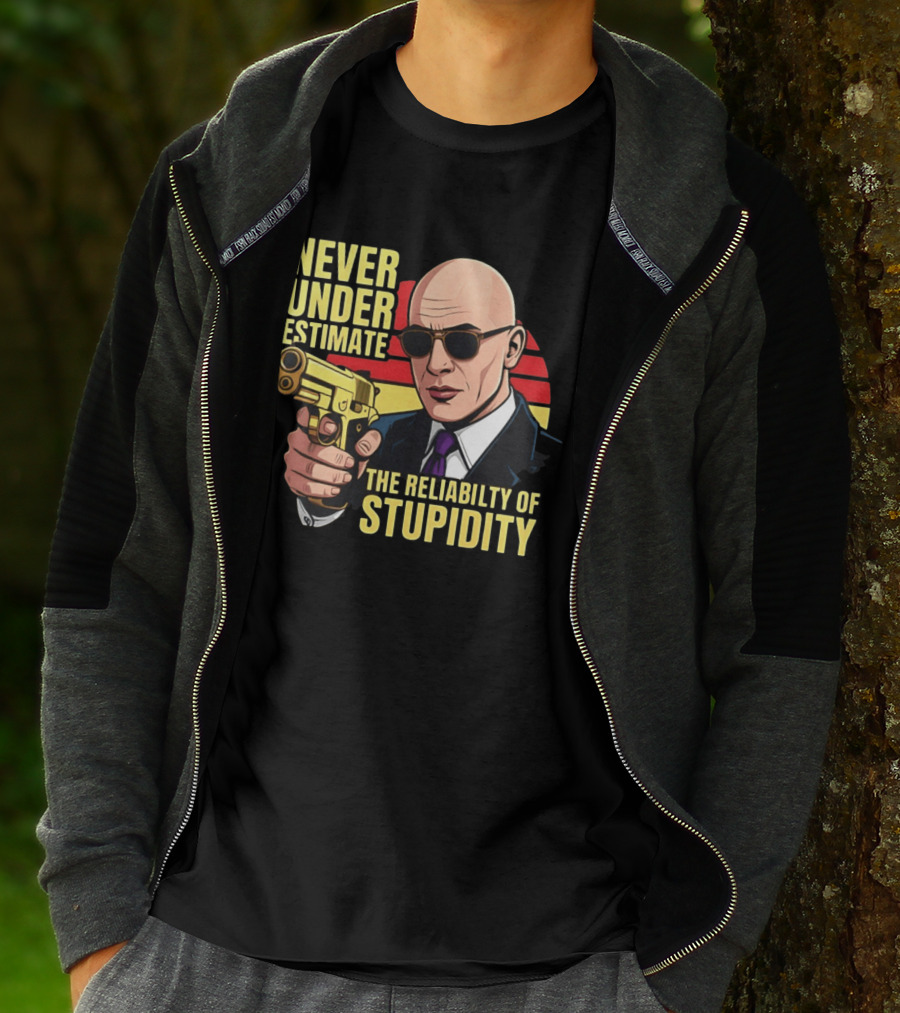Never Underestimate The Reliability Of Stupidity Bald Guy With Gun T-Shirt