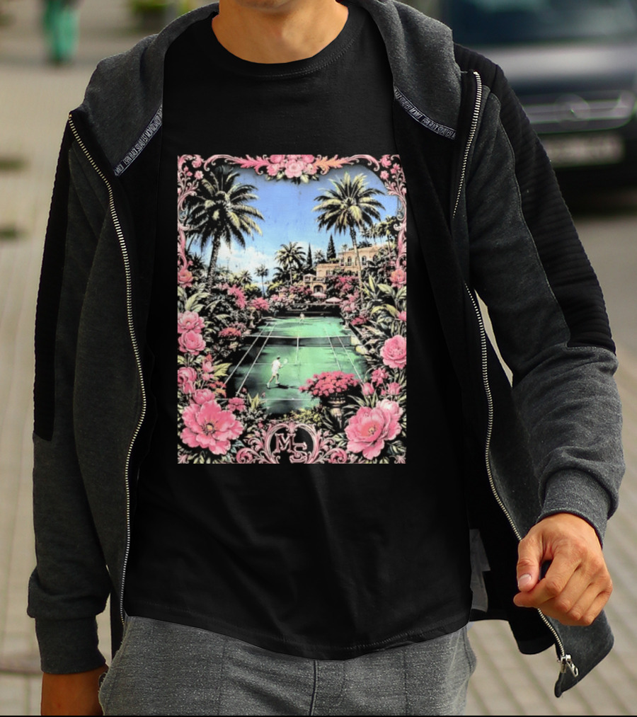 Tennis Players On Mansion Court MS Initials With Pink Floral Frame T-Shirt