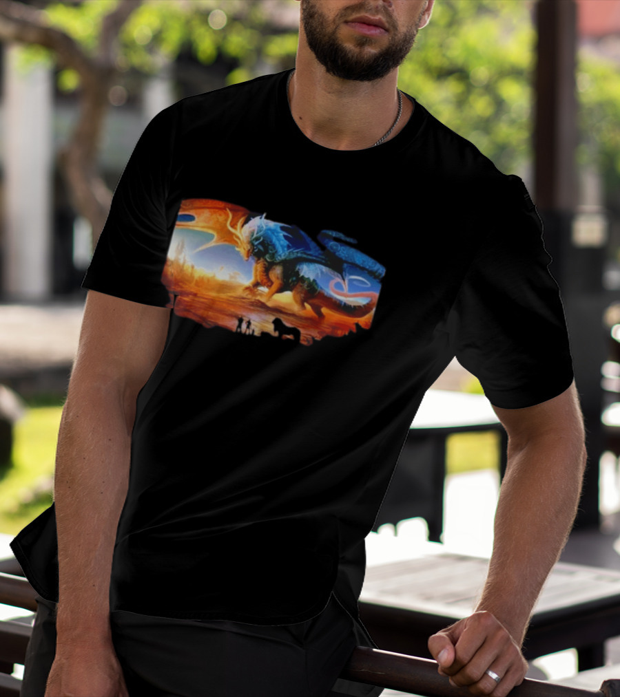 Giant Dragon In Radiant Golden Light With Blue And Orange Wings T-Shirt