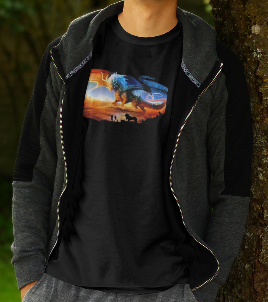 Giant Dragon In Radiant Golden Light With Blue And Orange Wings T-Shirt