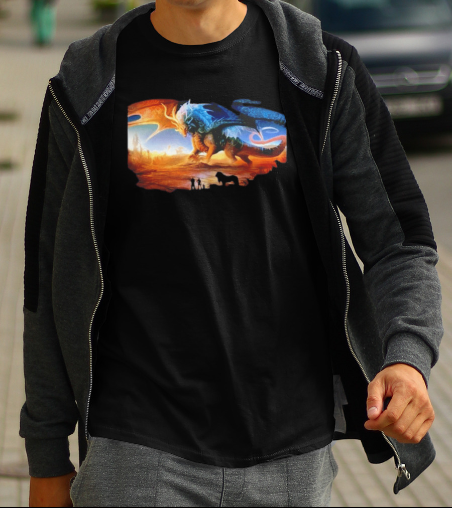 Giant Dragon In Radiant Golden Light With Blue And Orange Wings T-Shirt