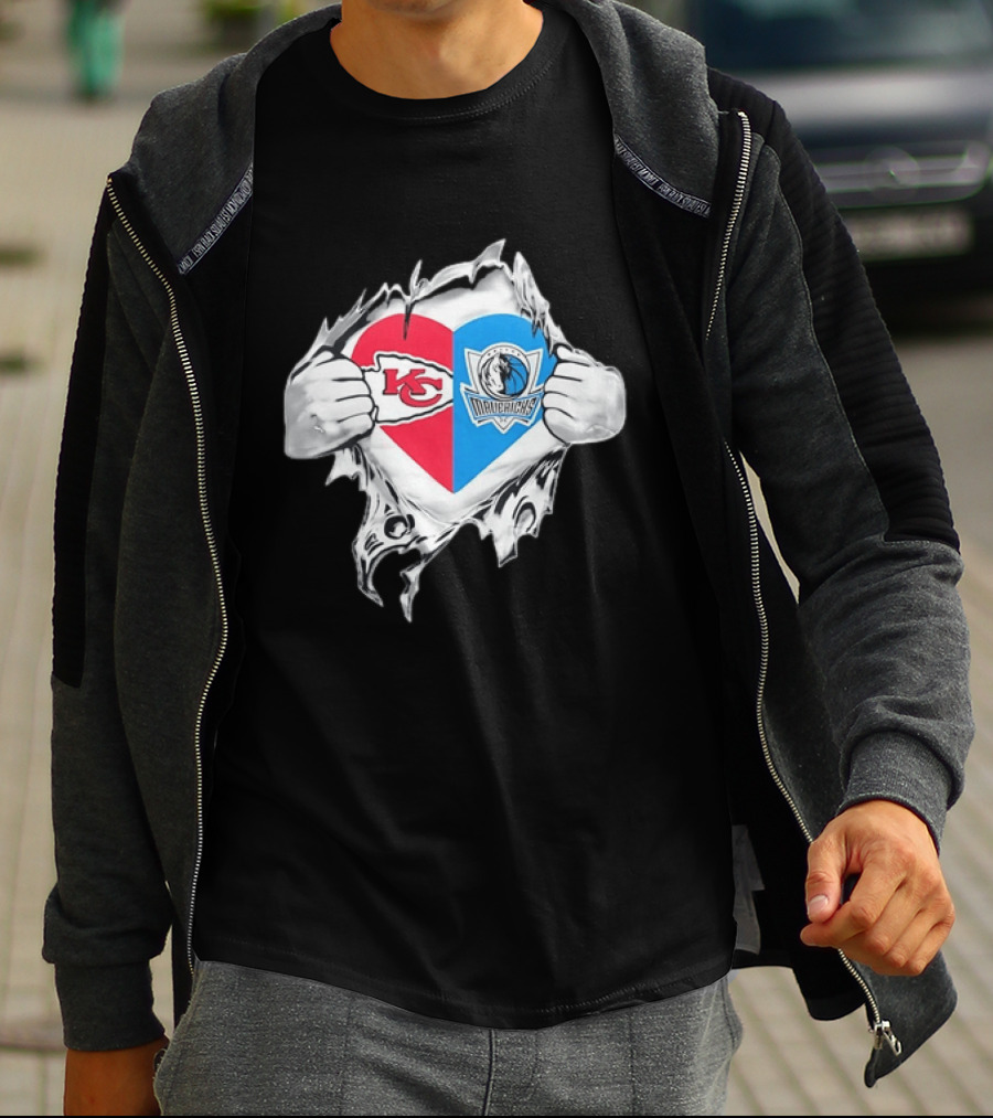 Kansas City Chiefs Dallas Mavericks Heart Ripped Open NFL NBA Crossover Fan Gear T-Shirt