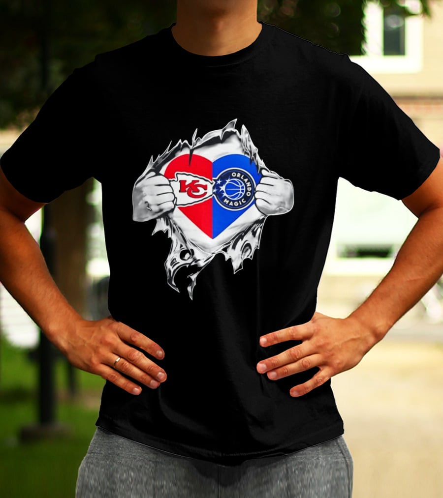 Kansas City Chiefs And Orlando Magic Heart Tear Open T-Shirt