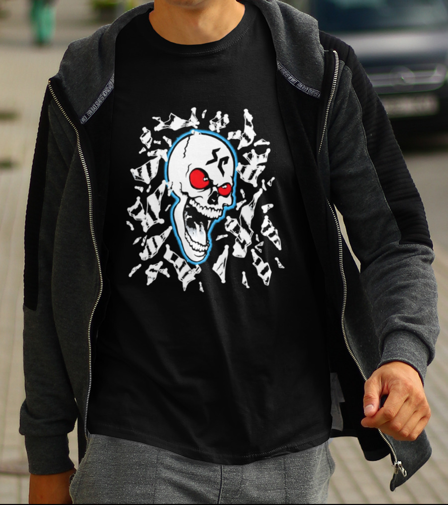 SC Skull Breaking Glass Explosive Red Eyes Fractured Blue T-Shirt