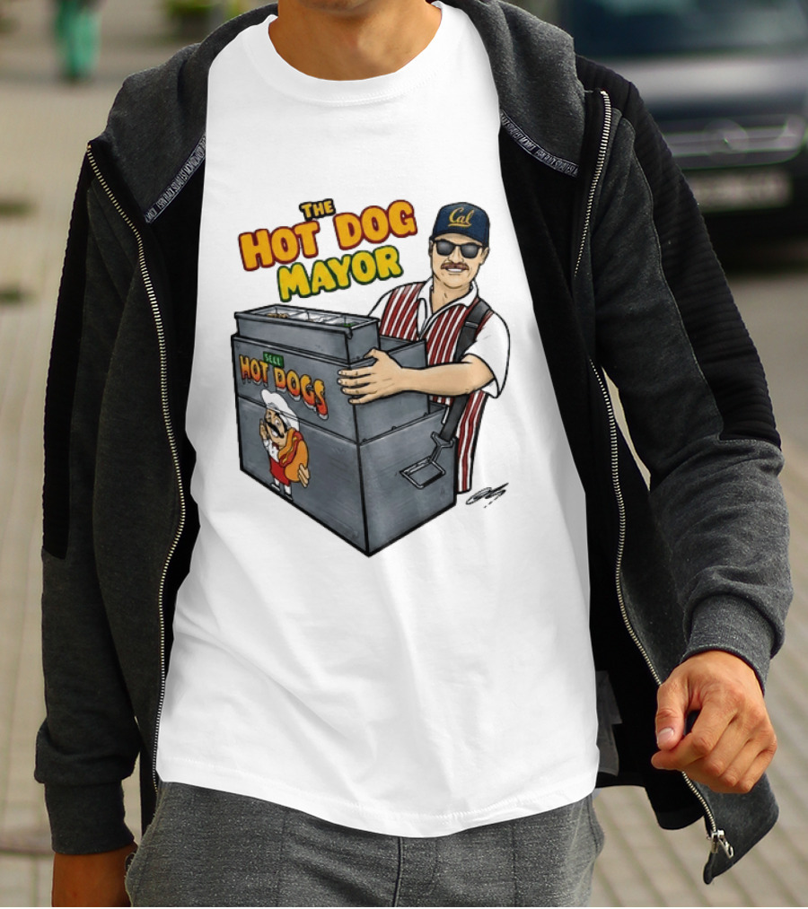 The Hot Dog Mayor Vendor With Cal Hat And Hot Dogs Cart T-Shirt