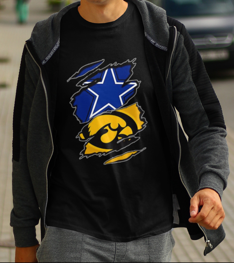 Dallas Cowboys Star And Iowa Hawkeyes Ripped Logo Sports Fan Gear T-Shirt