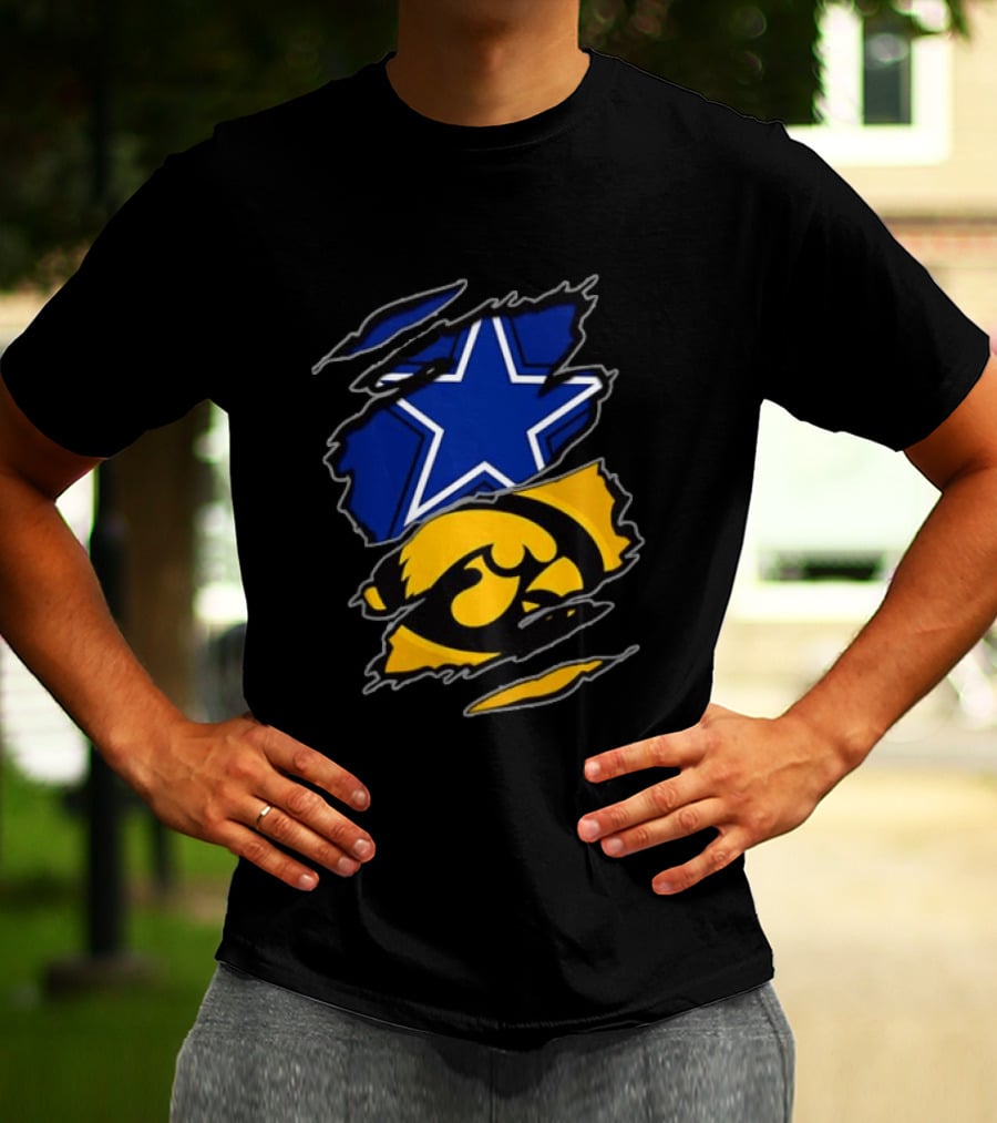 Dallas Cowboys Star And Iowa Hawkeyes Ripped Logo Sports Fan Gear T-Shirt