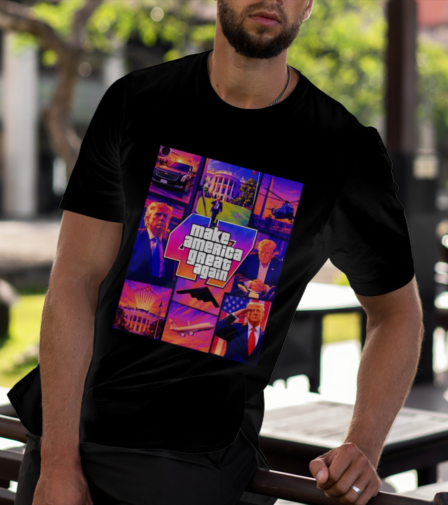 Make America Great Again GTA 47 Parody Trump White House Military Aircraft Montage T-Shirt
