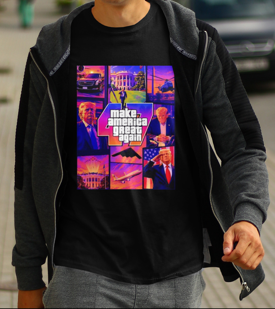 Make America Great Again GTA 47 Parody Trump White House Military Aircraft Montage T-Shirt